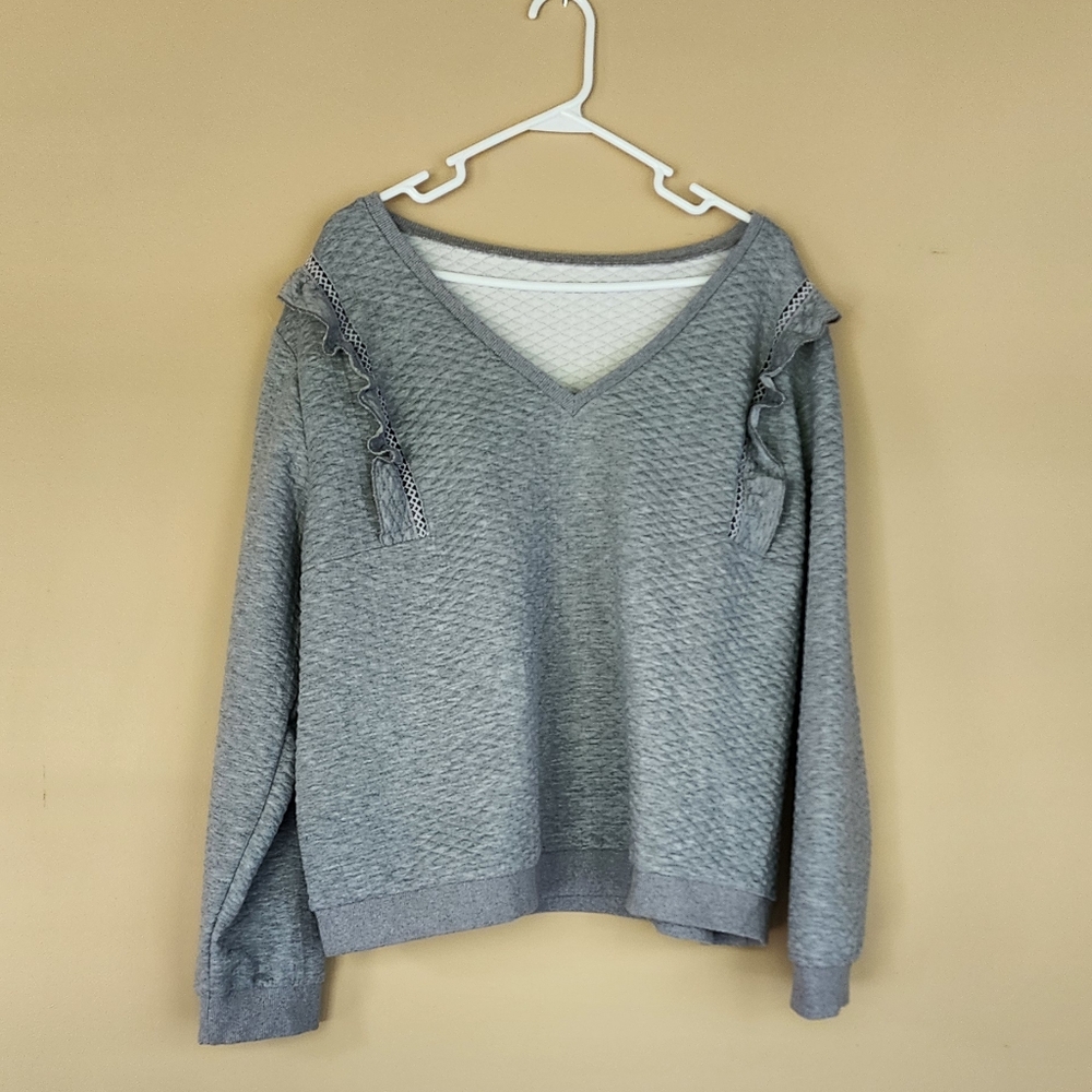Chic Gray V-Neck Sweater with Ruffles